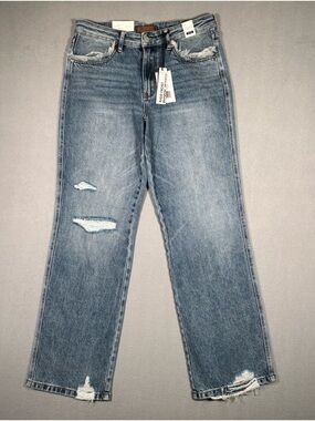 NWT Judy Blue 90s Straight Leg Jeans Women’s 11/30 Blue Distressed Rigid Front